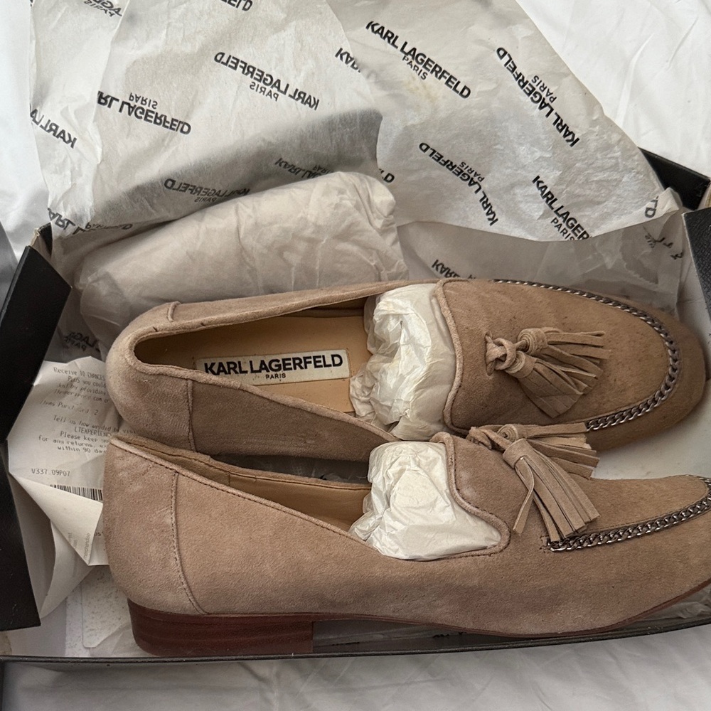 Karl Lagerfeld Women's Beige Suede Tassel Loafers